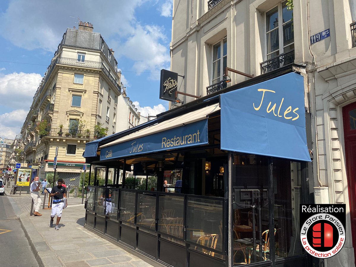 Rentoilage de stores banne bar brasserie à Paris - Le Store Parisien